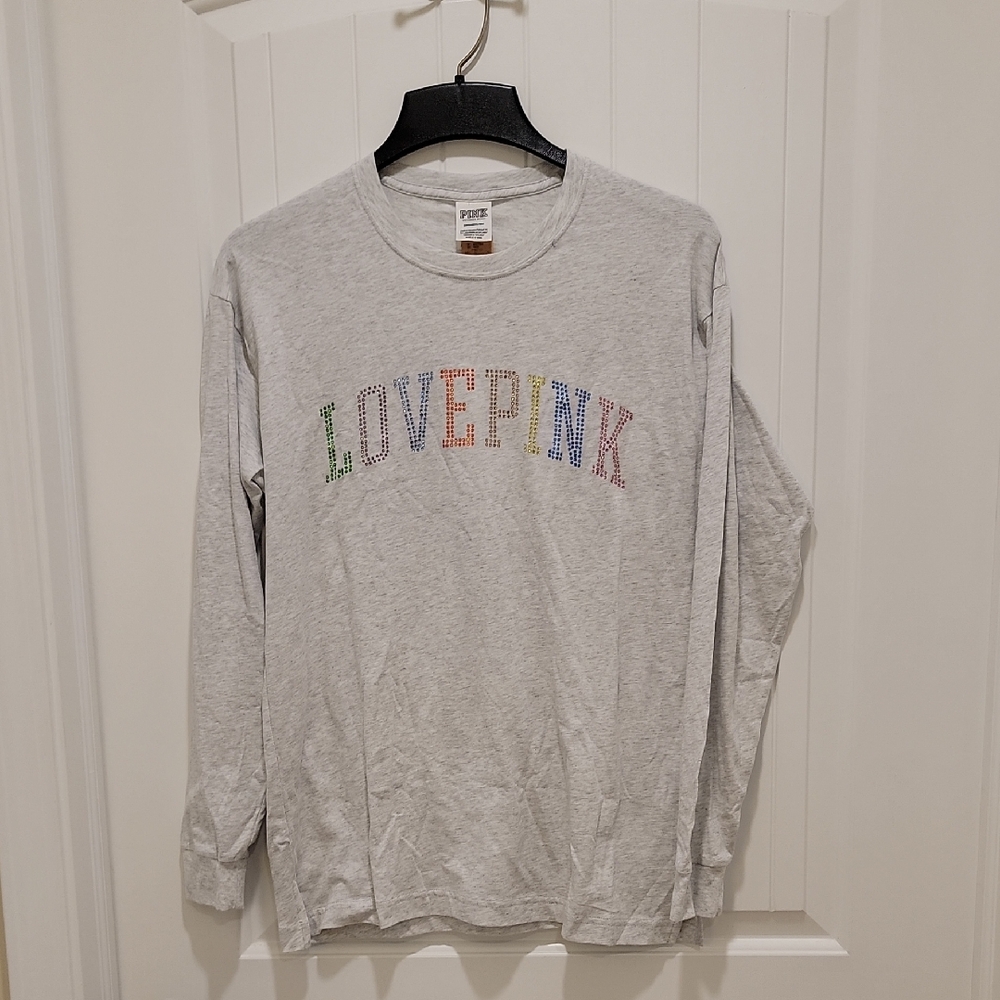 PINK Victoria's Secret Long Sleeve Tee Gray Multicolor Letters Size Small